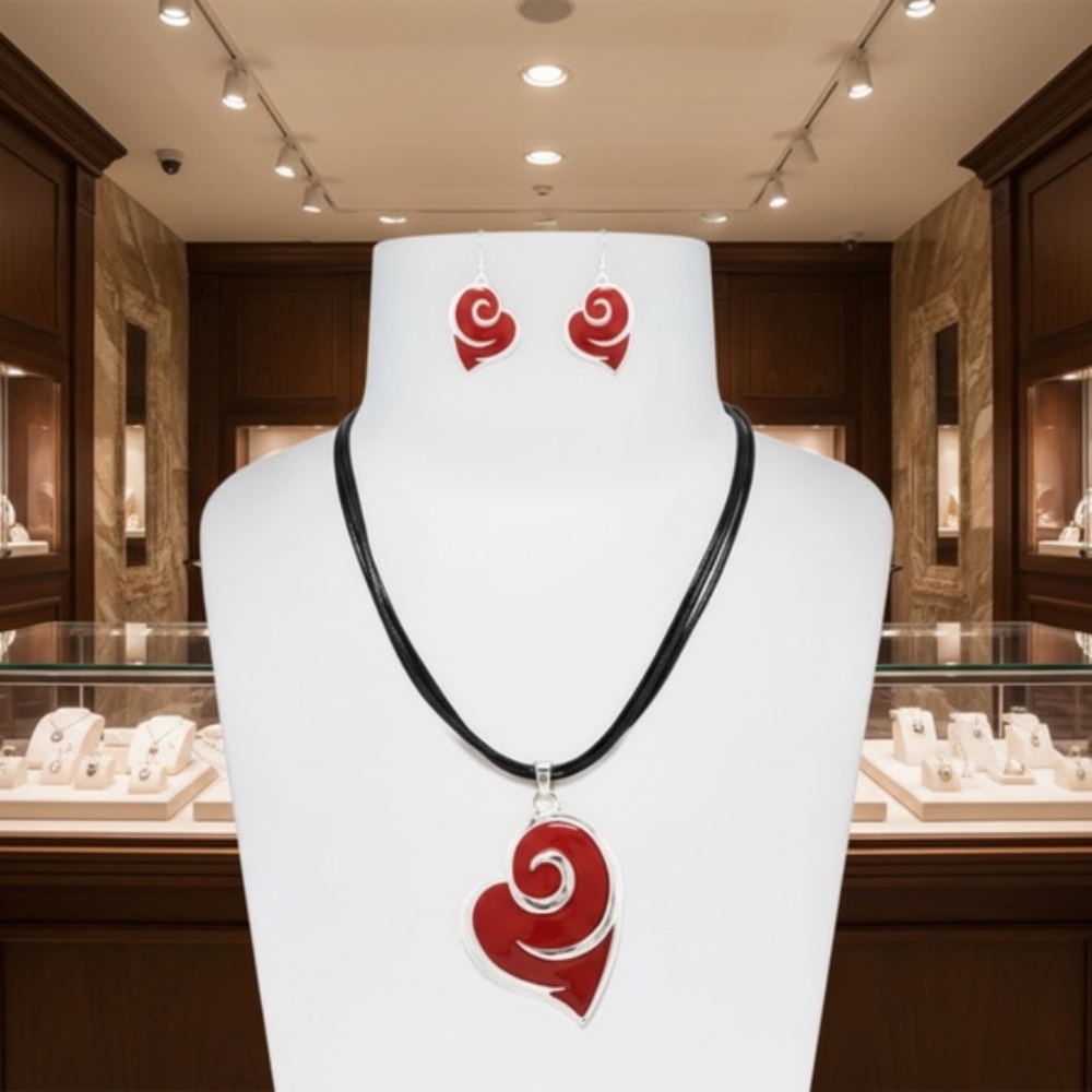 Womens Red Sliver Heart Pendant Necklace‎ Earring Set - Picture 5 of 5